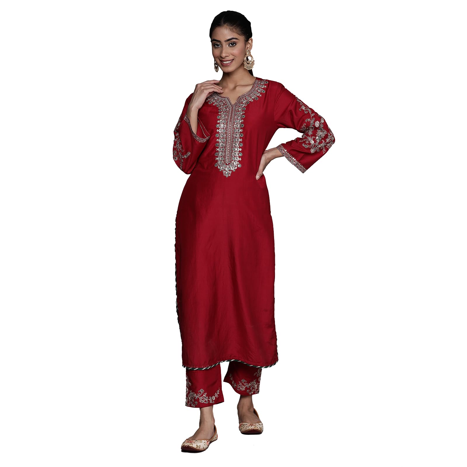 Varanga Women'S Maroon Round Neck Yoke Embroidered Straight Kurta With Tonal Embroidered Bottom And Contrast Dupatta With Fringe