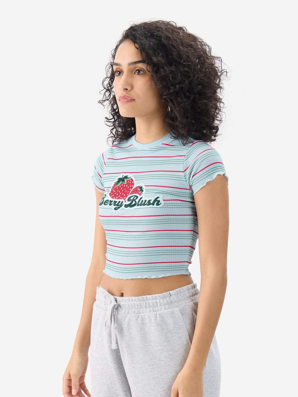 The Souled Store Berry Blush Women and Girls Short Sleeve Round Neck Striped Slim Fit Polyester Blend Cropped Tops