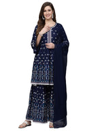 Stylum Women'S Printed Rayon Short Kurta With Sharara & Dupatta (Ksdnitya36_Navy Blue, S)