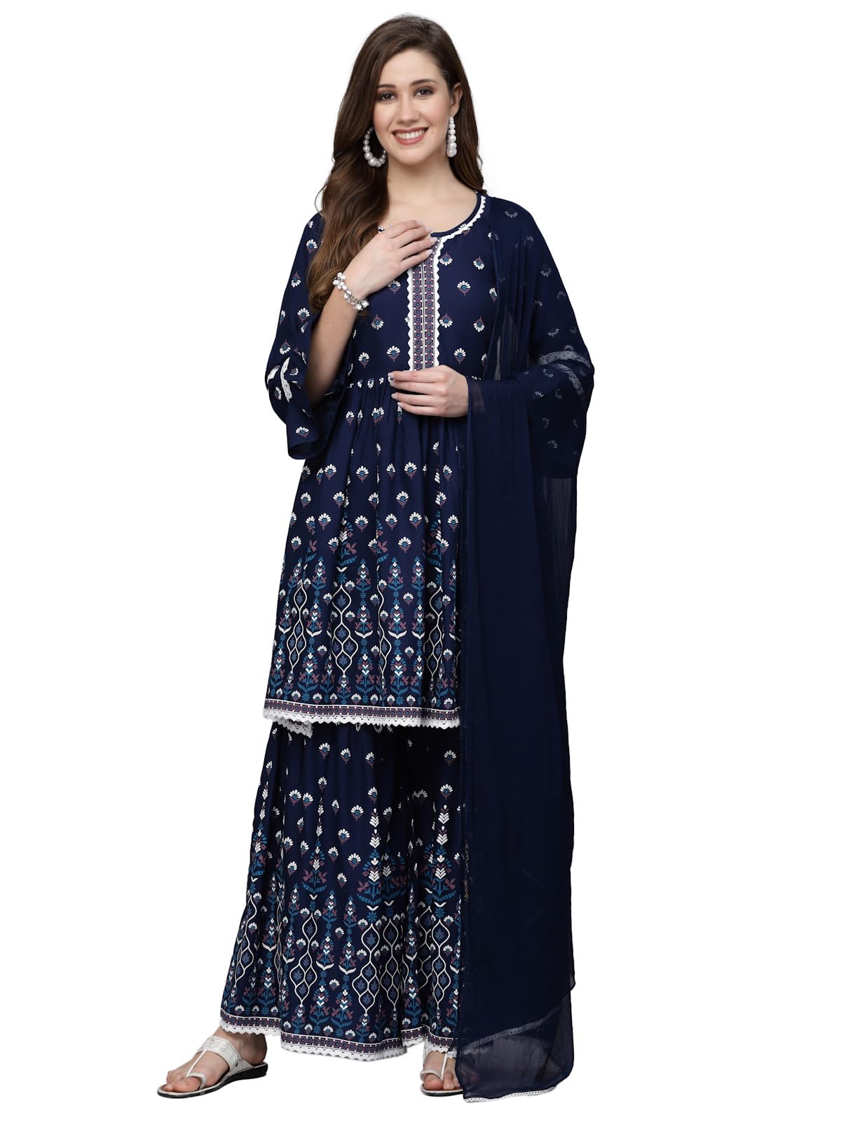 Stylum Women'S Printed Rayon Short Kurta With Sharara & Dupatta (Ksdnitya36_Navy Blue, S)
