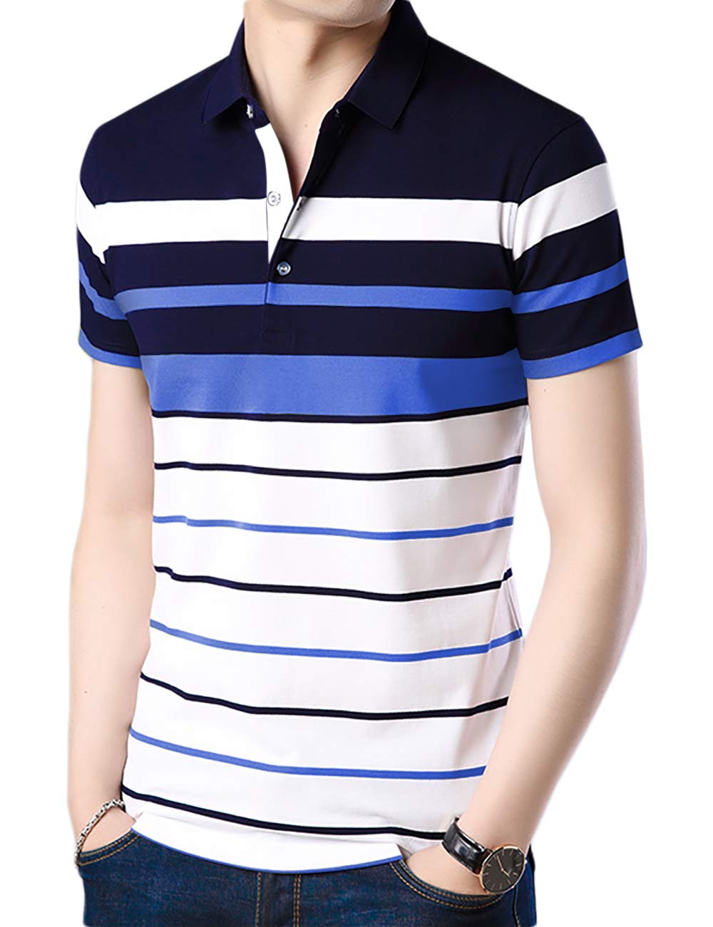 Eyebogler Mens Cotton Blend Casual Polo Neck Half Sleeve Regular Fit Striped Printed Tshirt,Men Best Tshirt, Polo Styles