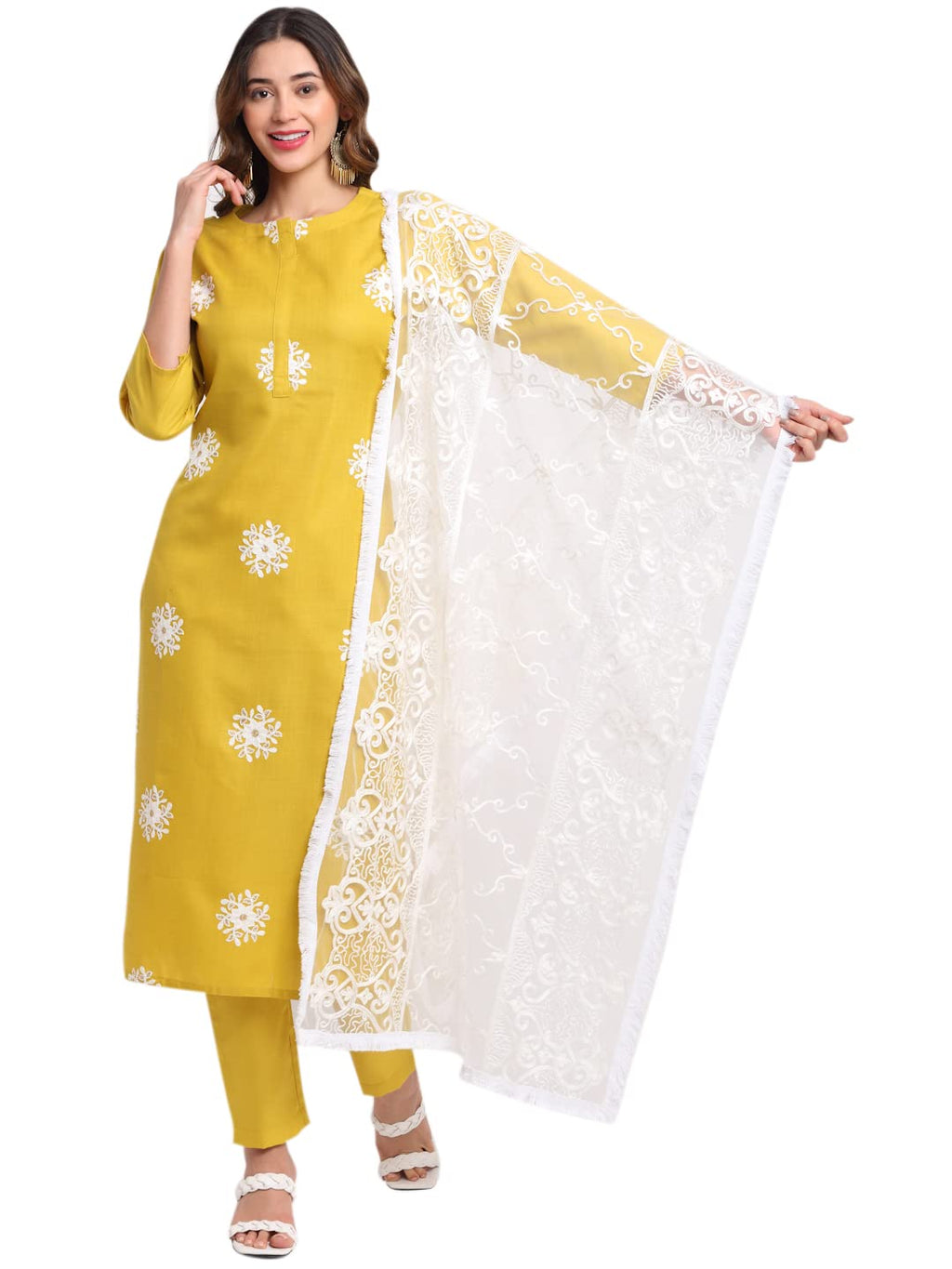 ANNI DESIGNER Womens Cotton Straight Kurta with Pant & Dupatta (KPTD-COT-10003-YELLOW_L_Yellow_Large)