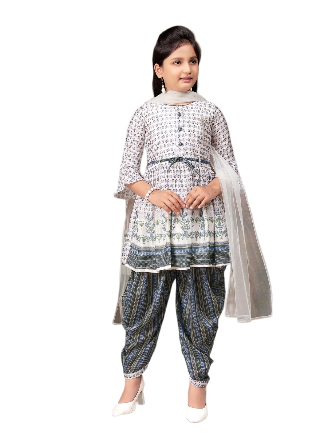 Aarika Girls Ethnic Wear Grey Colour Floral Print Silk Kurti Patiala Set With Belt (4-10 Years)