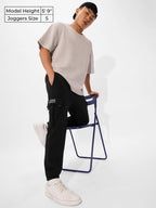 The Souled Store Solids: Jet Black Men and Boys Drawstringed Regular Fit Cotton Blend Cargo Joggers