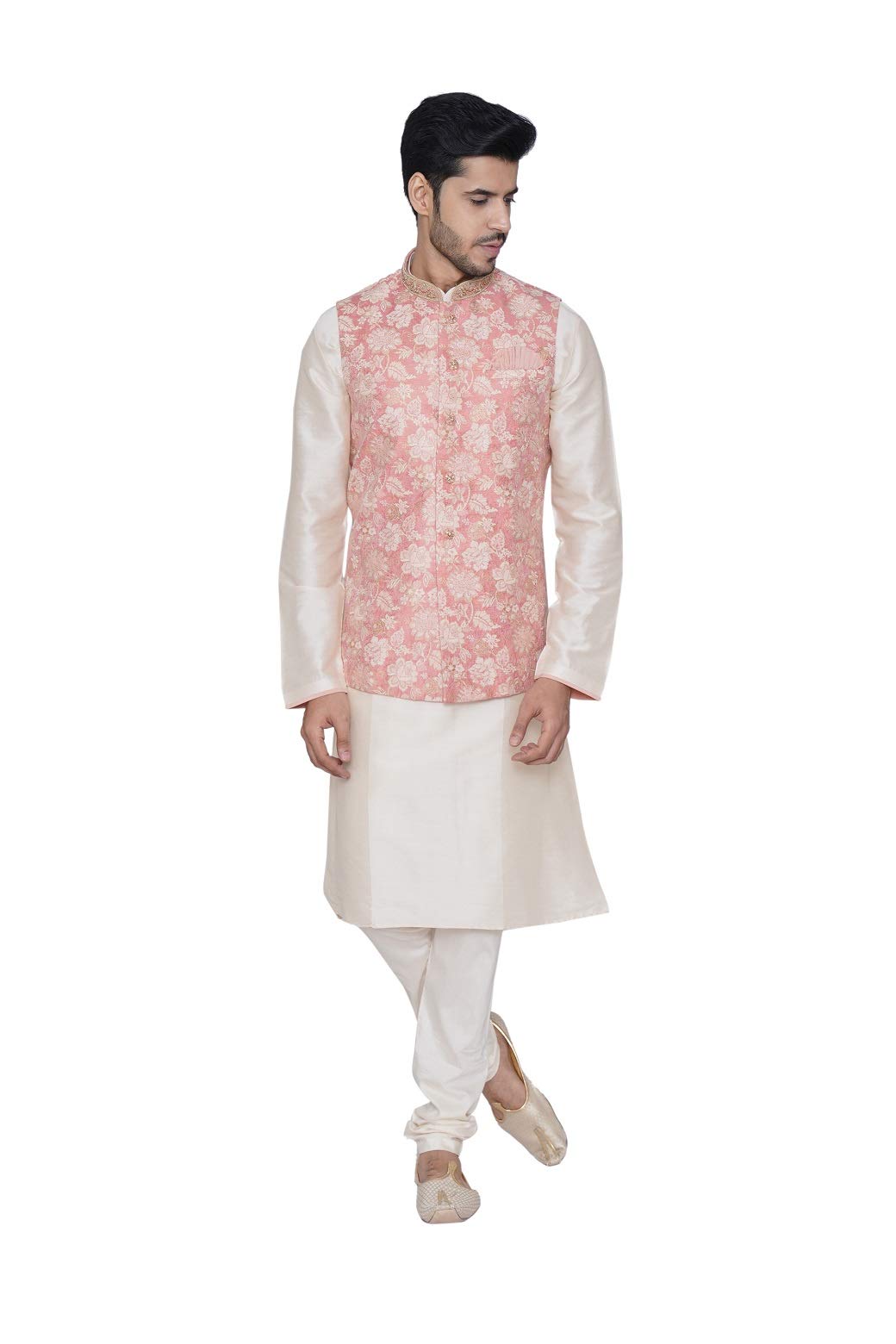 Manyavar MenS Silk Blend Jacquard Kurta Set (Jast160_Peach_M)