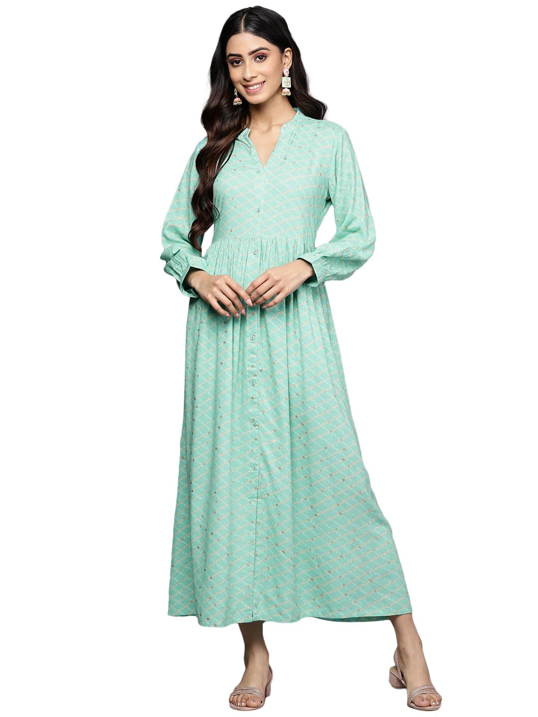 Libas Womens Printed Viscose Fit And Flare Dress For Women Sea Green