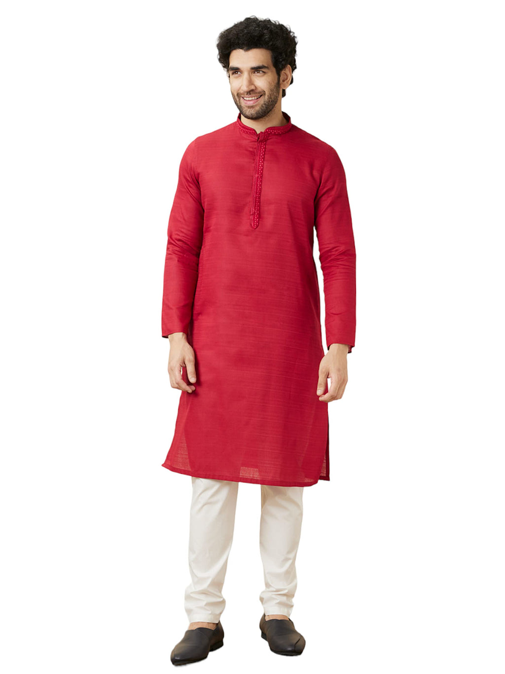 Manyavar MenS Cotton Solid Full Sleeves Knee Length Kurta Set (Red, Xl)