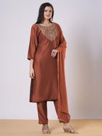 ANNI DESIGNER Women s Viscose Rayon Embroidered Straight Kurta with Trousers and Dupatta, Mustard, Small