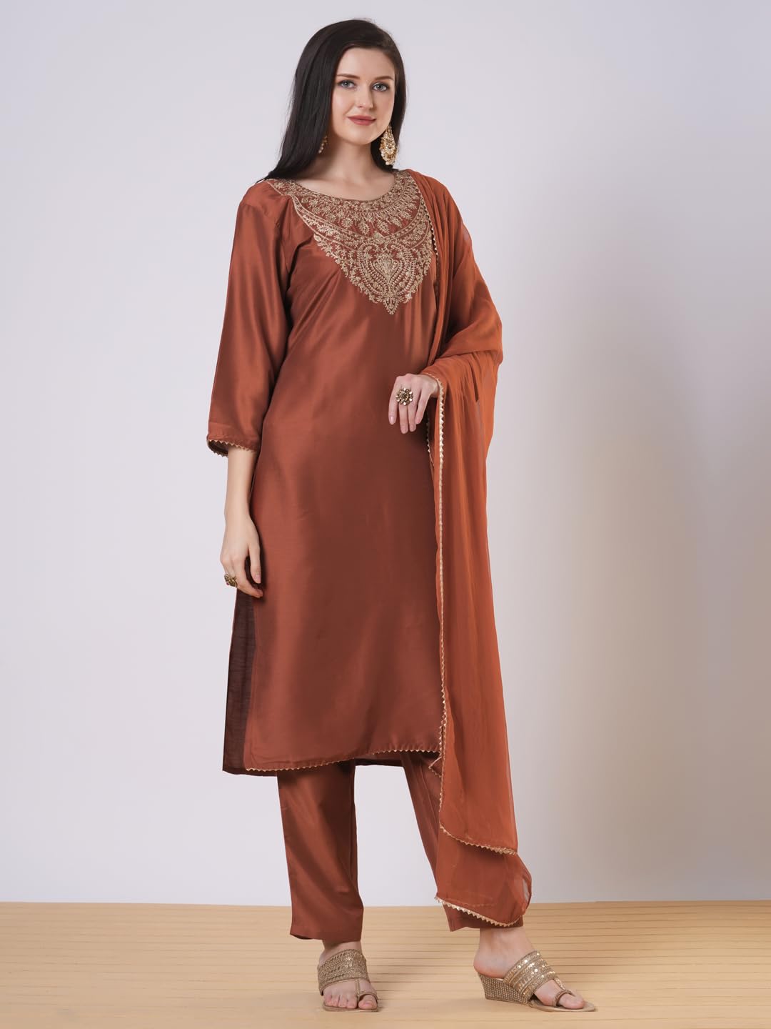 ANNI DESIGNER Women s Viscose Rayon Embroidered Straight Kurta with Trousers and Dupatta, Mustard, Small