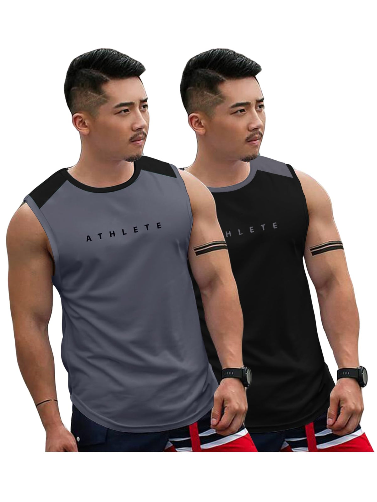 Jump Cuts Mens Sleevless Printed Grey & Black Athlete Polyester Combo Gym Vest