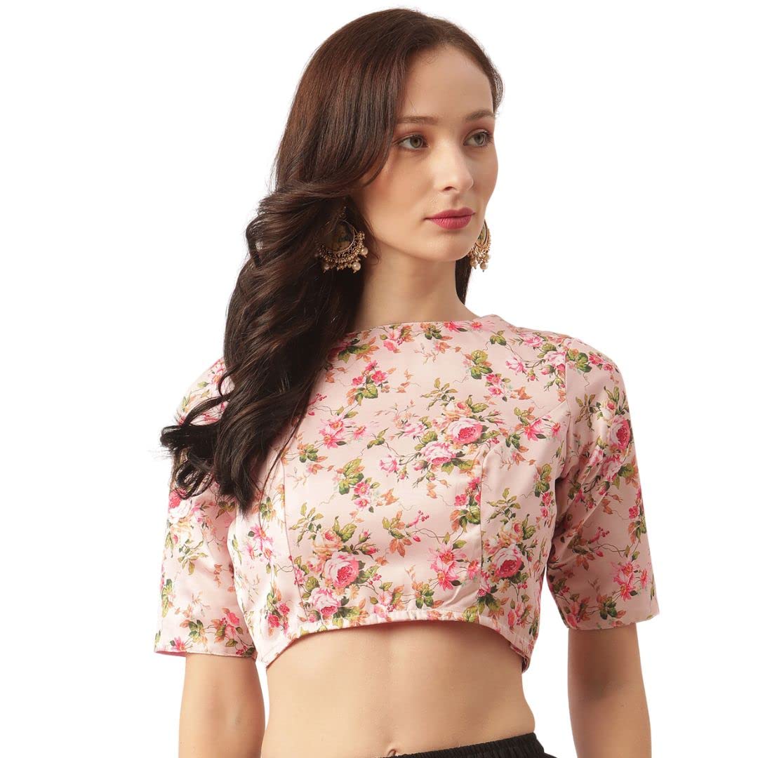 Studio Shringaar WomenS Readymade Polyester Digital Printed Elbow Length Sleeves Saree Blouse (Pink, 38) 38