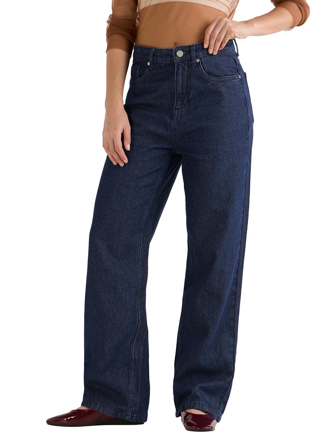 Bewakoof Womens Solid Straight Fit Cotton Baggy High Rise Jeans_625178_Blue_28