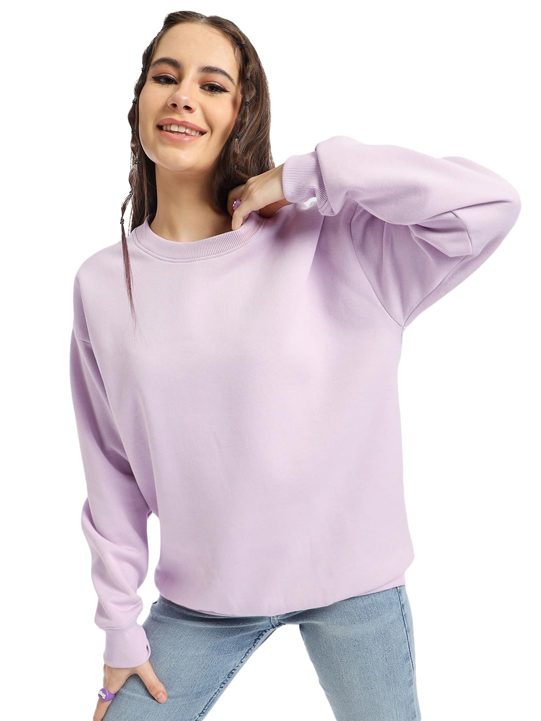 Bewakoof Heavy Duty 1.0 Womens Solid Oversized Fit Full Sleeve Round Neck Fleece Sweatshirt Purple