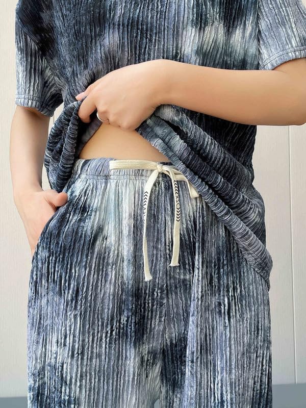 Womens Cotton Blend Tie-dye Relaxed Fit Stylish Pajama Sets || Short Sleeve Top & Long Pant Sleepwear Pjs Lounge Set Co-ords Ou