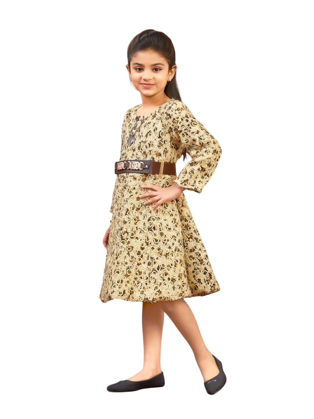 Aarika Girls Brown Colour Floral Winter Woolen Dress with Belt-(3-9 Years)-(OCT_NEW-DR-12692-BROWN-30)