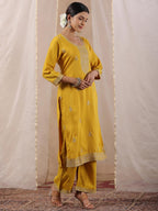 Ishin WomenS Mustard Zari Work Ethnic Motifs Poly Silk Straight Kurta