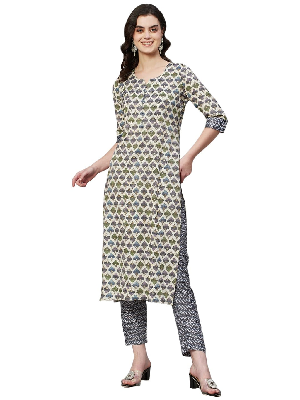 ANNI DESIGNER Ladies Cotton Blend Kurta & Trousers, cream, L