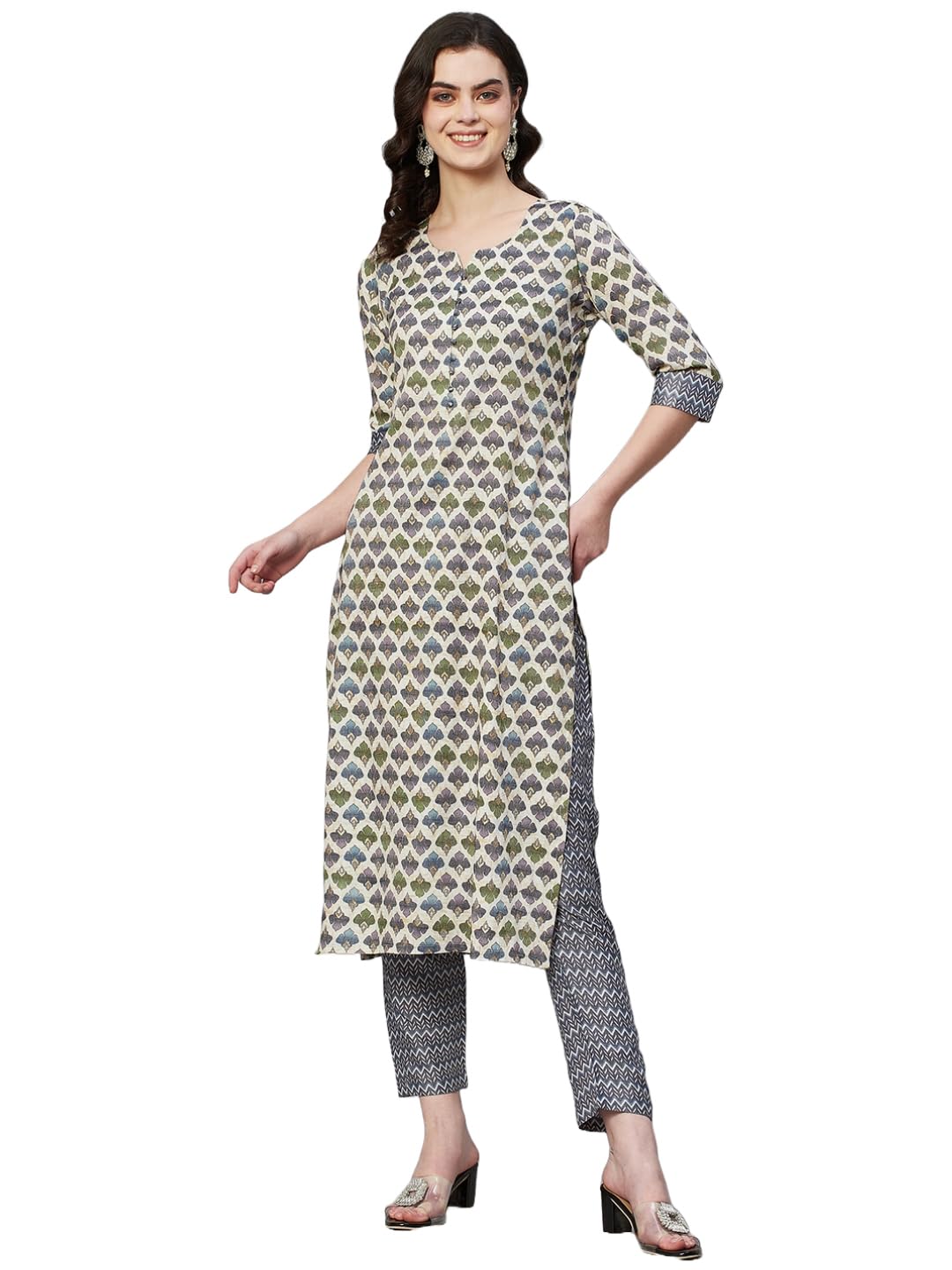ANNI DESIGNER Ladies Cotton Blend Kurta & Trousers, cream, L