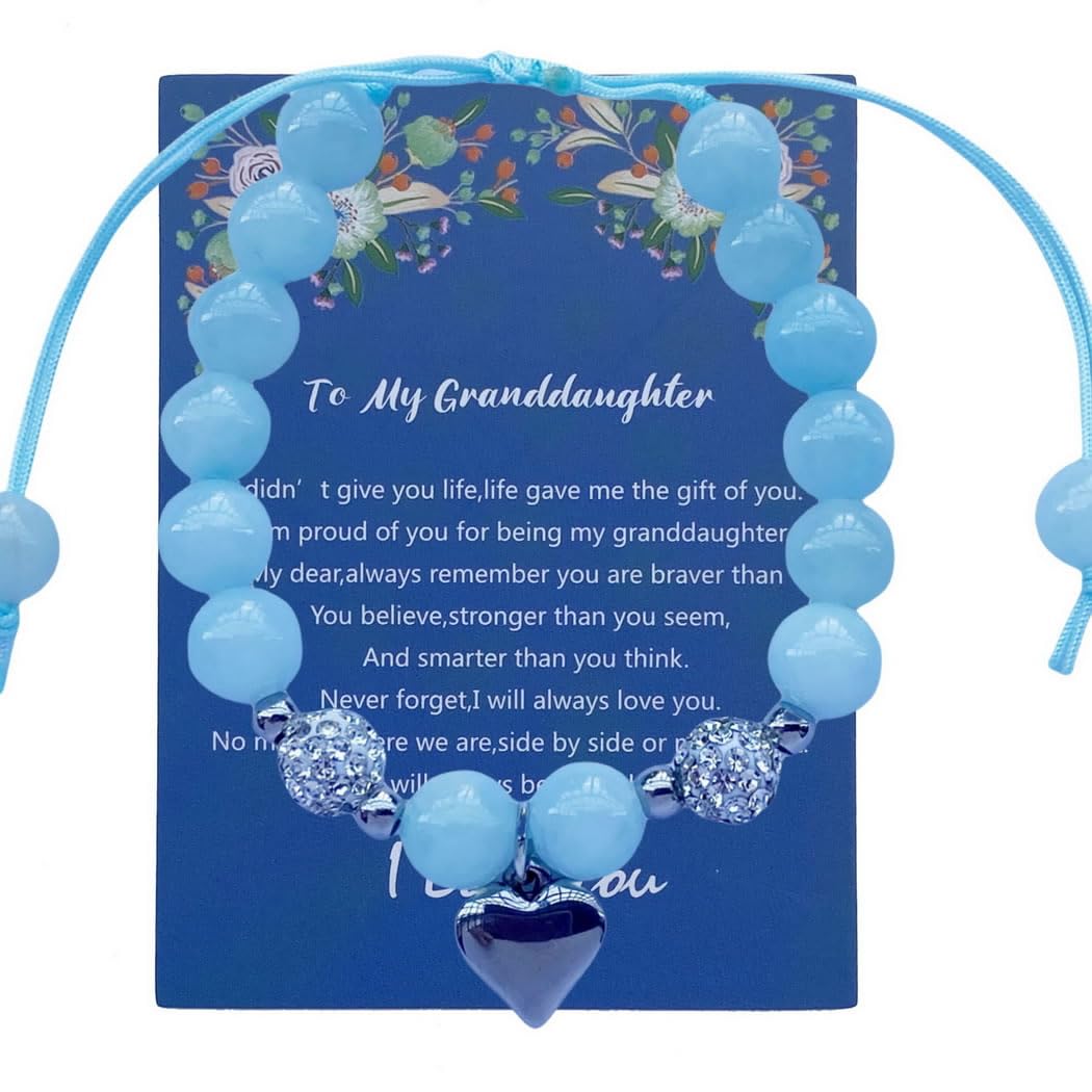 DOLON Blue Glass Beaded Rhinestone Heart Charm Granddaugther Bracelet Jewelry Back to School Birthday Christmas Holiday Gift