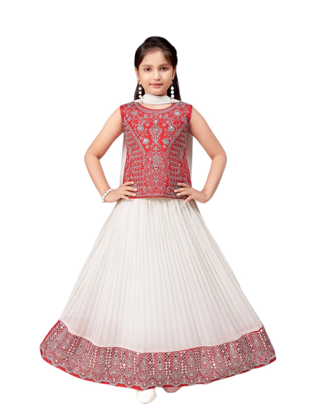 Aarika Girls Ethnic Wear Red Colour Zari Thread Mirror Embroidery Silk Lehenga Choli Set (5-11 Years)