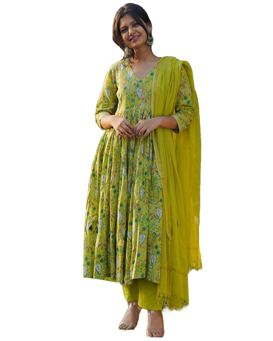 ANNI DESIGNER Womens Rayon Viscose Printed Anarkali Kurta with Pant & Dupatta (Horizon Green_XL_Green_X-Large)