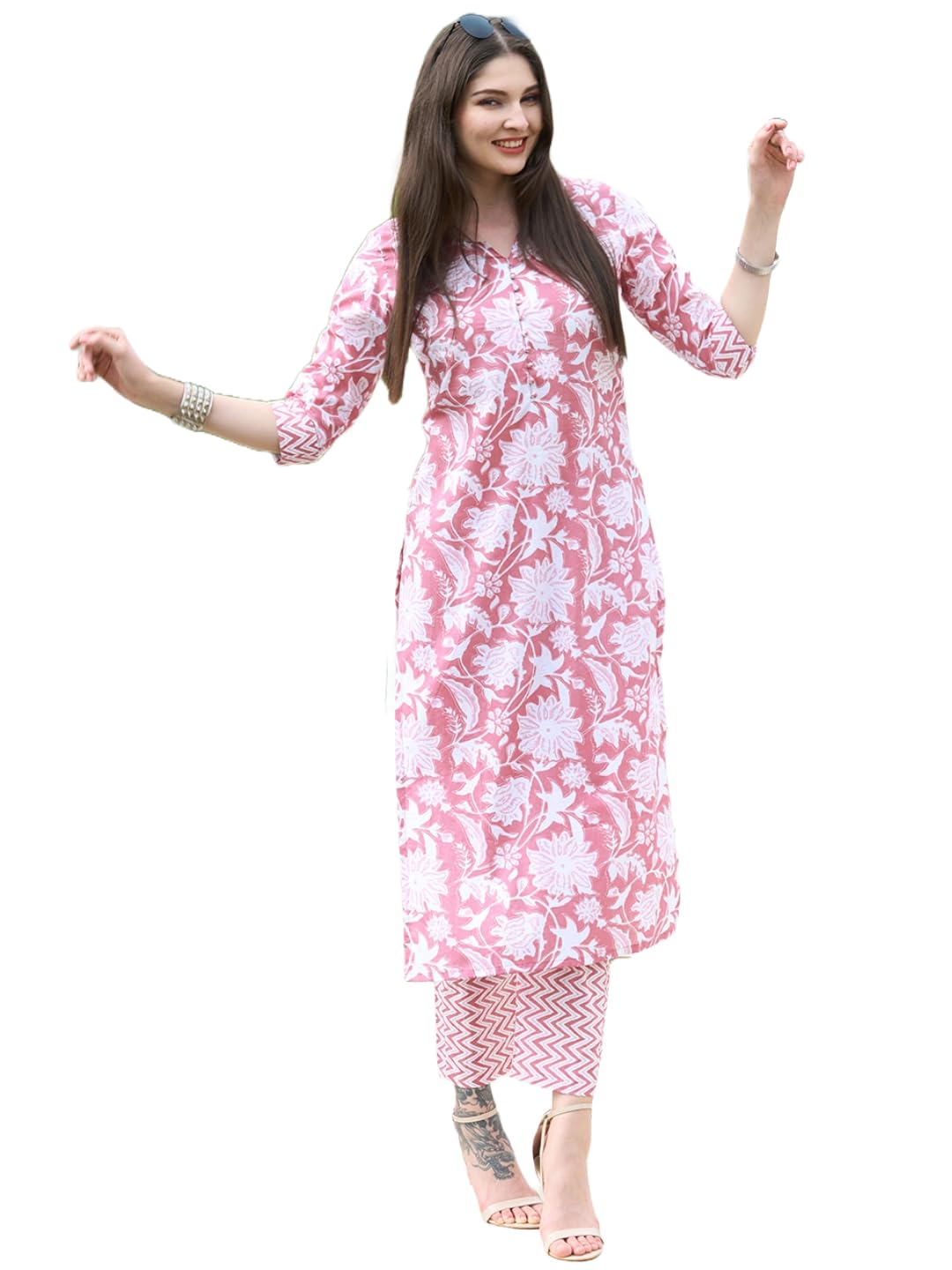 ANNI DESIGNER Womens Cotton Blend Straight Printed Kurta with Pant Set (Mansrover-Multi_M_Multi_Medium) Multicolour