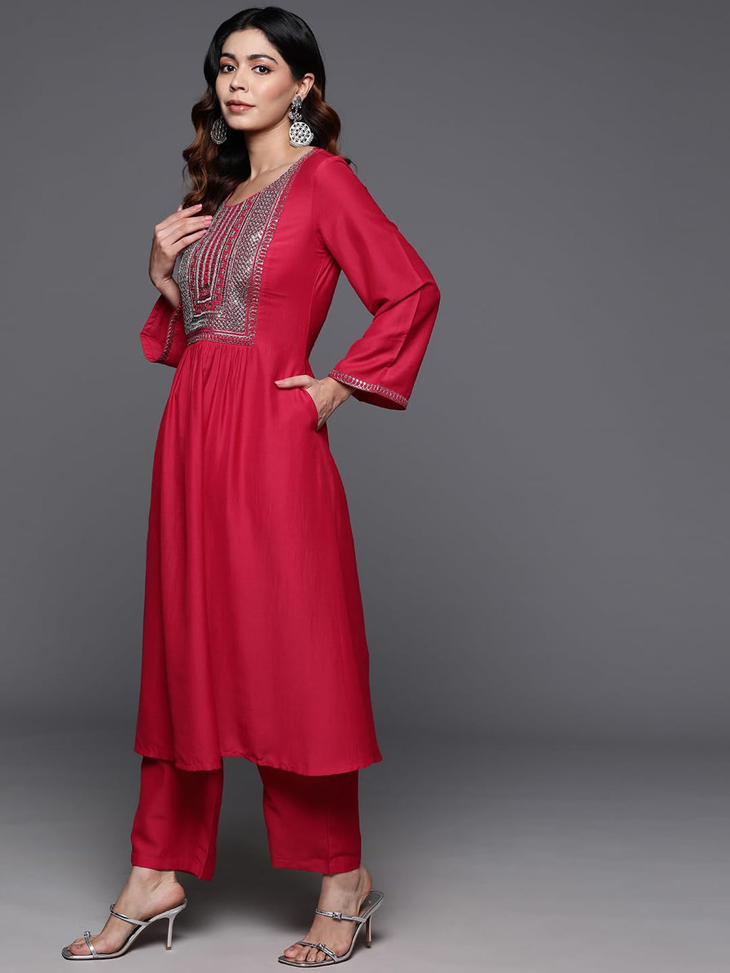 Libas Womens Yoke Design Silk Blend A-Line Kurta With Trousers And Dupatta