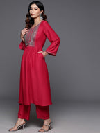 Libas Womens Yoke Design Silk Blend A-Line Kurta With Trousers And Dupatta