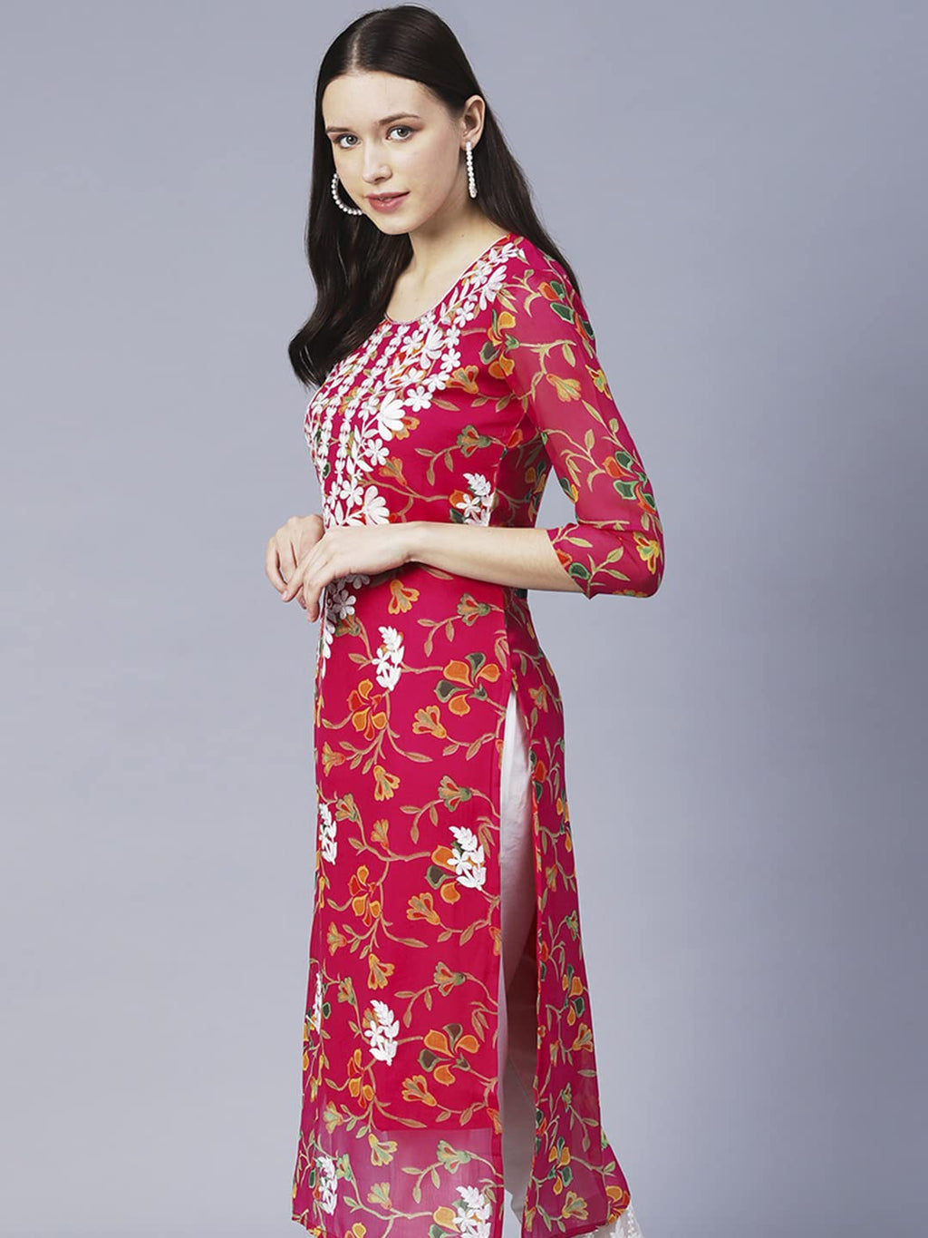 Gosriki Women'S Printed Georgette Chikankari Embroidered Kurti (Gori-Dark Pink-Nw-Gs)