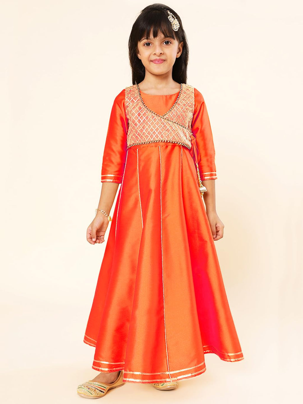 A.T.U.N. (ALL THINGS UBER NICE) Girls Woven Design Gota Jacket Anarkali Gown Orange