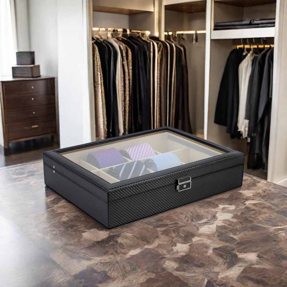 Tie Display Case for 12 Ties, Belts, and Men's Accessories Black Carbon Fiber Storage Box Father's Day