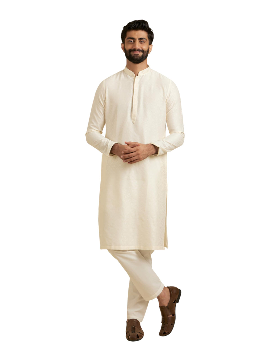 Manyavar Stylish Casual Silk Blend Full Sleeves Kurta Set For Men (Cream, Xx-Large)