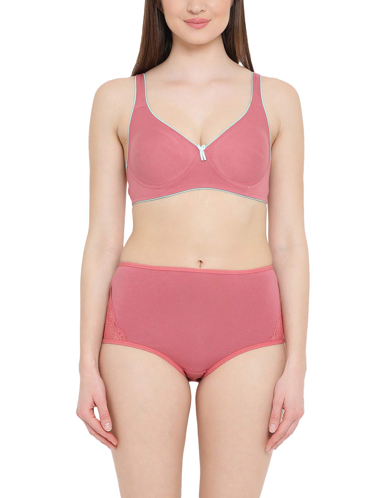 Clovia WomenS Non-Wired T-Shirt Bra With Layered Cups And High Waist Hipster Panty With Lace Panel (Combbp052_Pink_38B)