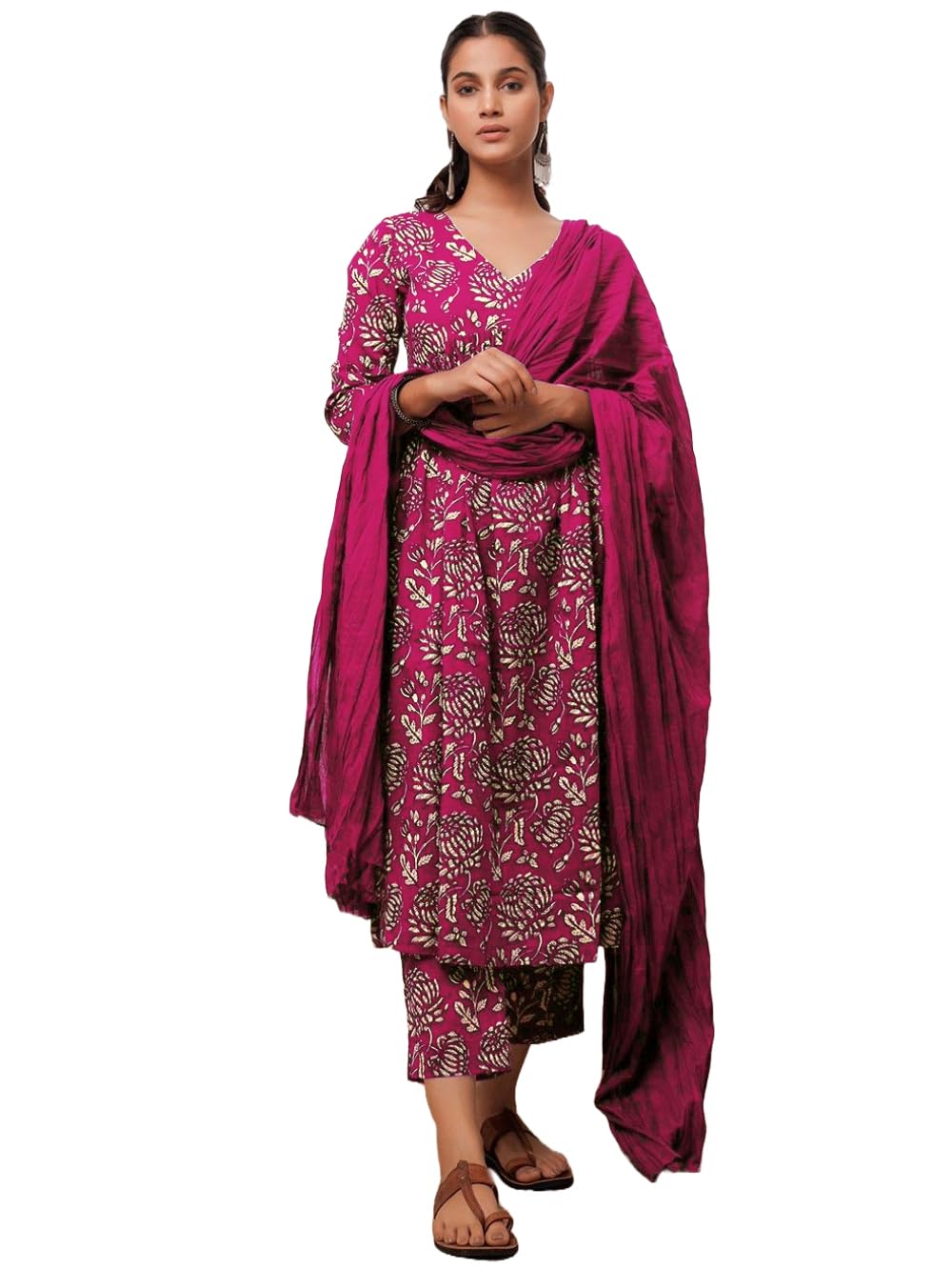 GoSriKi Womens Cotton Blend Anarkali Printed Kurta with Pant & Dupatta (Dabu Pink-GS_M_Pink_Medium)