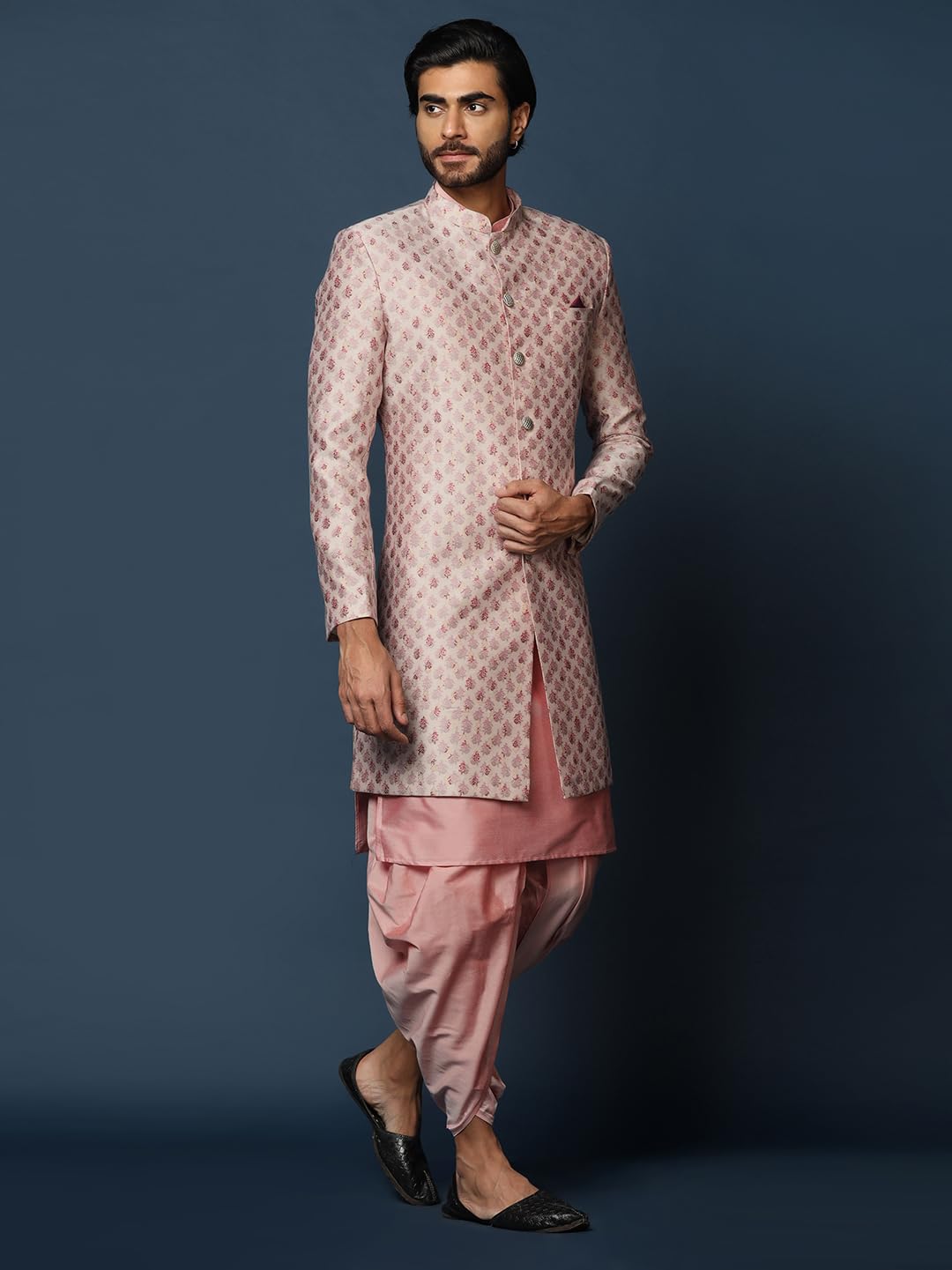 Kisah MenS Cream Indo-Western Kurta Sherwani Dhoti Set Cotton Full Sleaves, Knee Length, Straight, Regular Fit, Mandarin Collar
