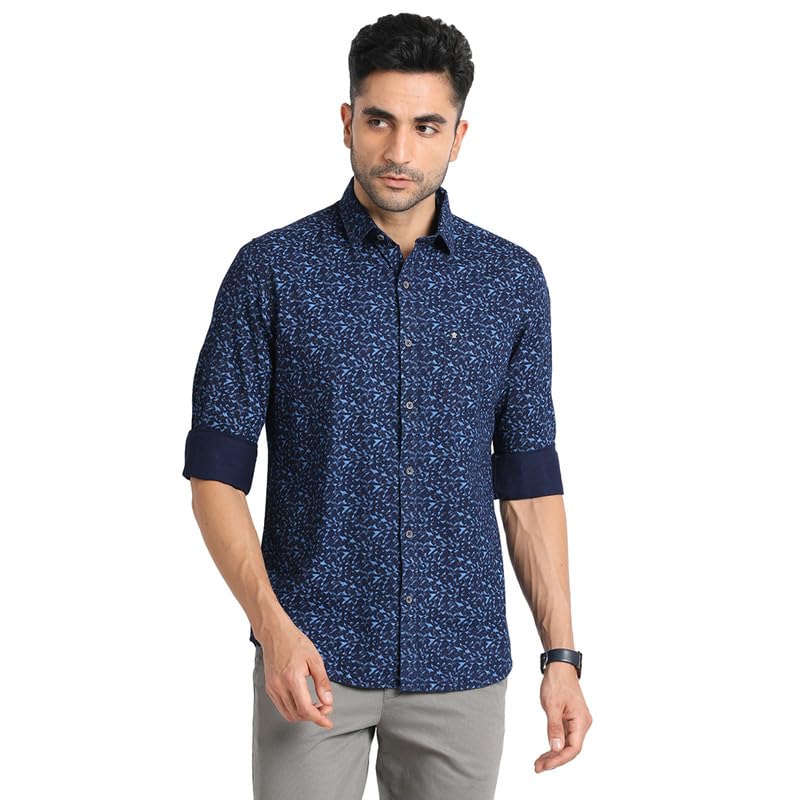 Turtle Men 100% Cotton Indigo Royal Blue Printed Slim Fit Full Sleeve Casual Shirt