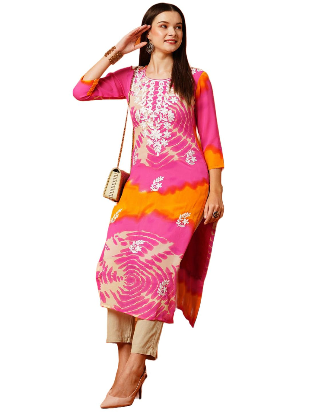 Gosriki Women'S Printed Georgette Straight Chikankari Embroidered Kurta (Ump Pink-Gs_S_Pink_Small)