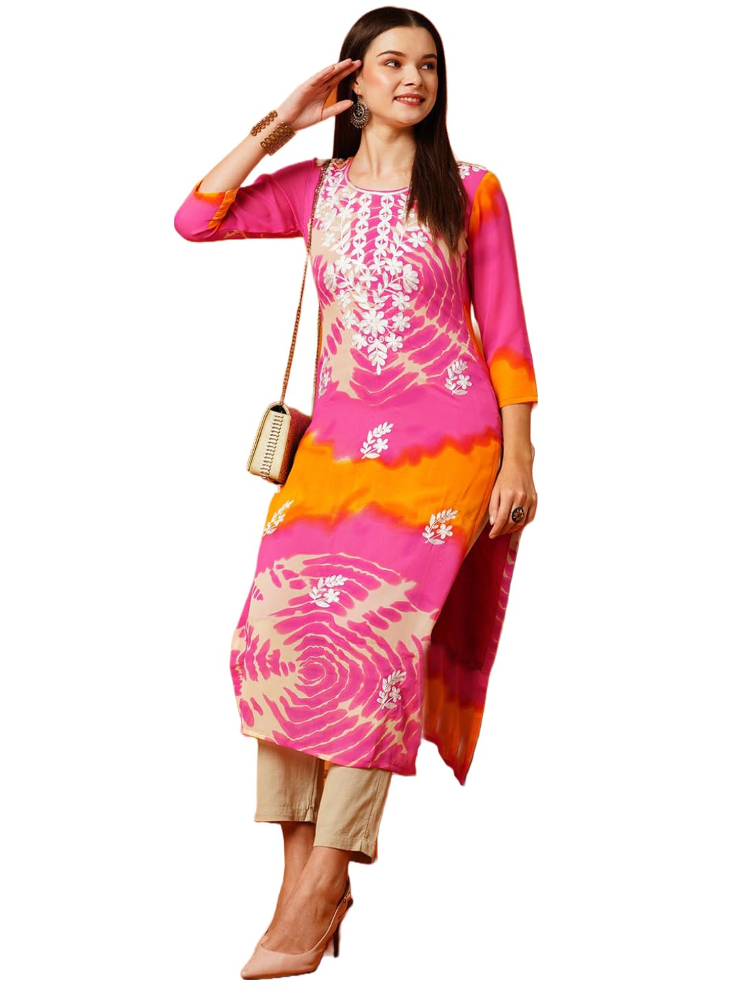 Gosriki Women'S Printed Georgette Straight Chikankari Embroidered Kurta (Ump Pink-Gs_S_Pink_Small)