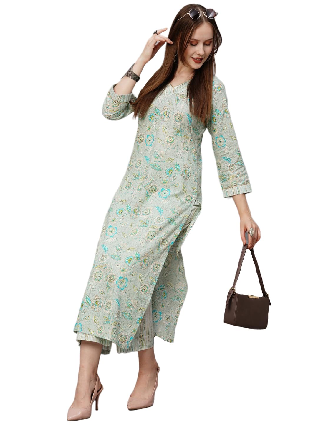 ANNI DESIGNER Women's Cotton Blend Printed Straight Kurta with Pant (Vira Grey_XXL_Grey_XX-Large)