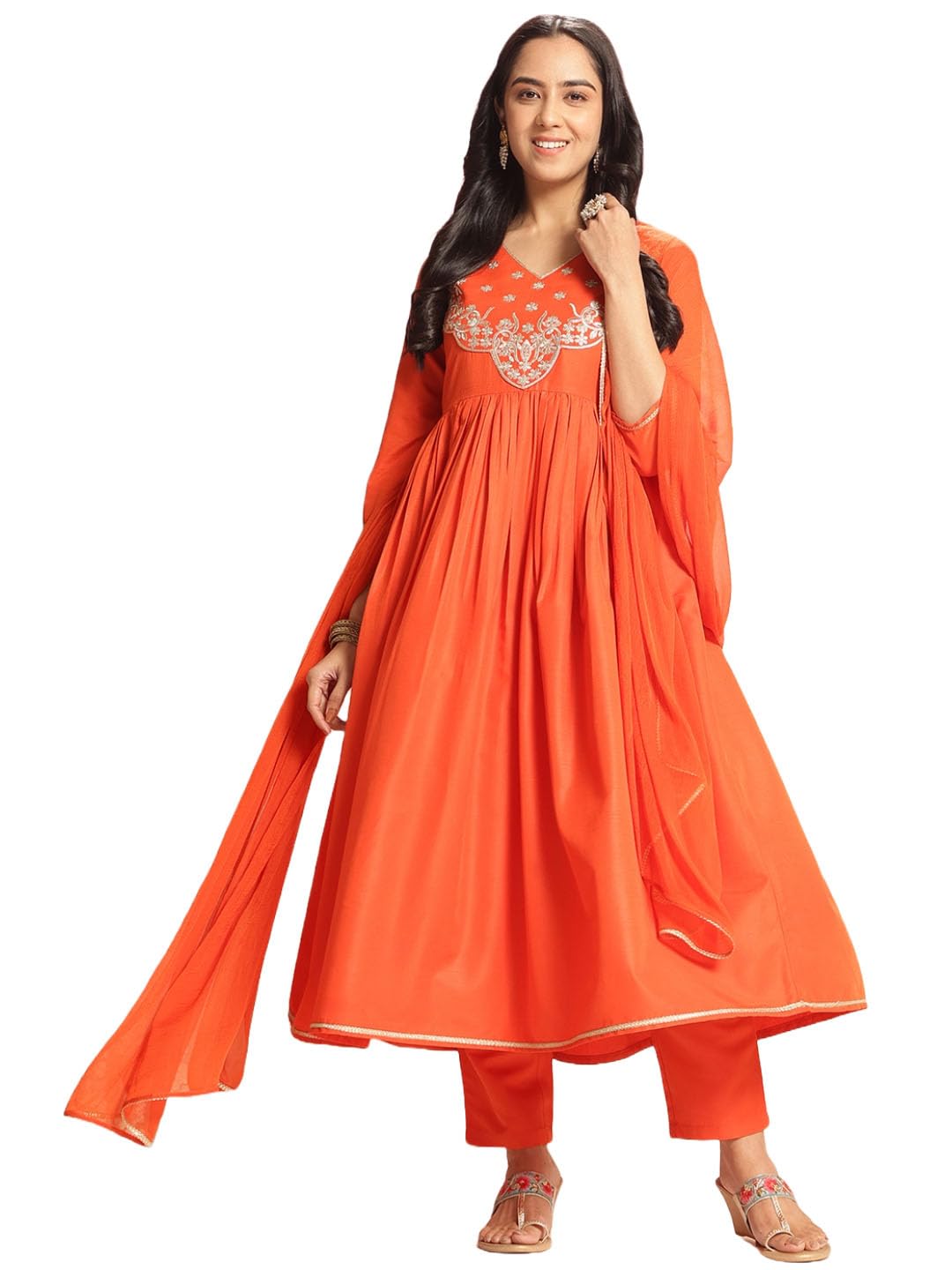 ANNI DESIGNER Womens Rayon Blend Embroidered Anarkali Kurta with Pant & Dupatta (Sharvali Orange_XXL_Orange_XX-Large)