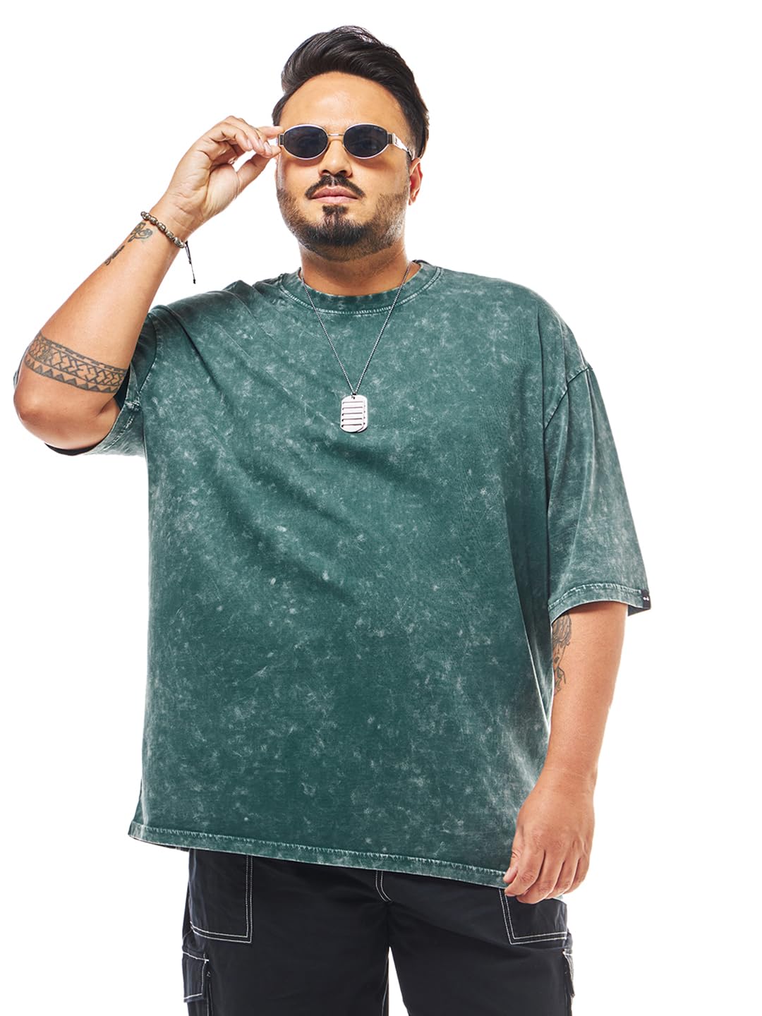 Bewakoof Mens Self Design Oversized Fit Half Sleeve Round Neck Pure Cotton Plus Size Acid Wash T-Shirt_627948_Green_5XL