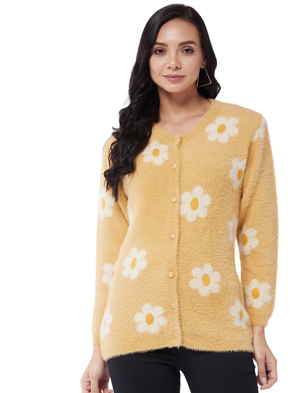 Modeve Floral Print Round Neck Casual Women Yellow Sweater||Winterwear||
