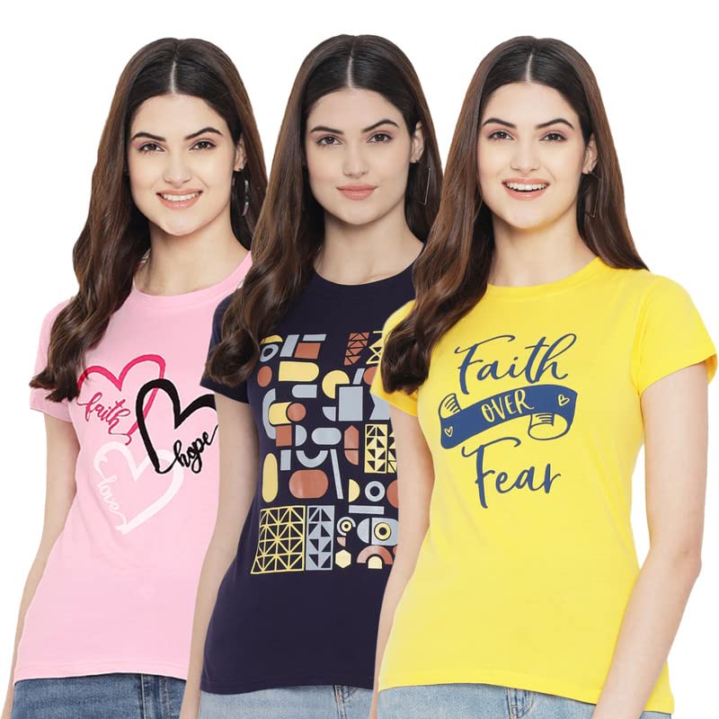 Preneum Womens Cotton Regular Fit Latest Graphic Stylish Printed Short Sleeves Casual T-Shirt || Trend & Style (Pack 3), Pink &