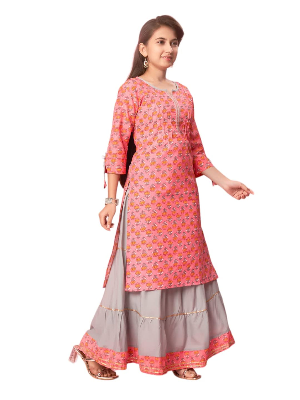 Aarika Girls Gajri-Grey Colour Cotton Printed Kurti Skirt Set