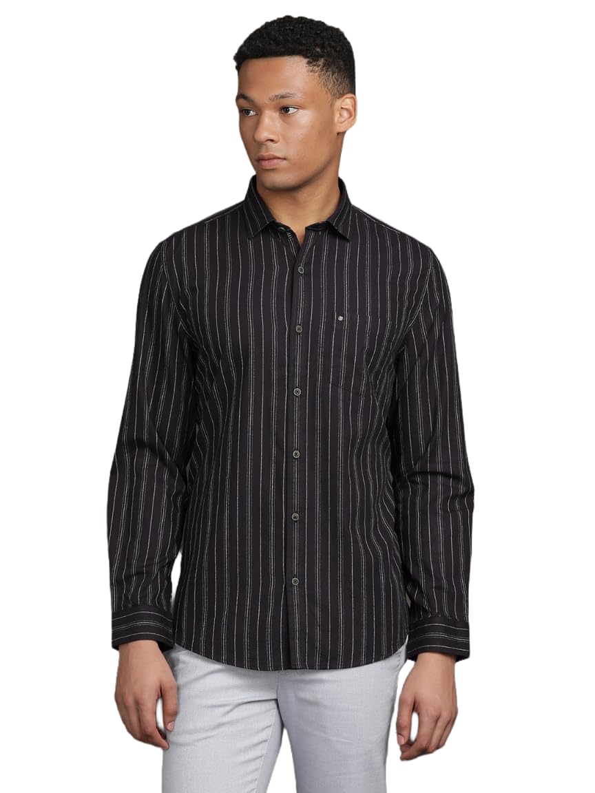 Turtle Men 100% Cotton Slim Fit Navy Blue Stripe Full Sleeve Casual Shirt