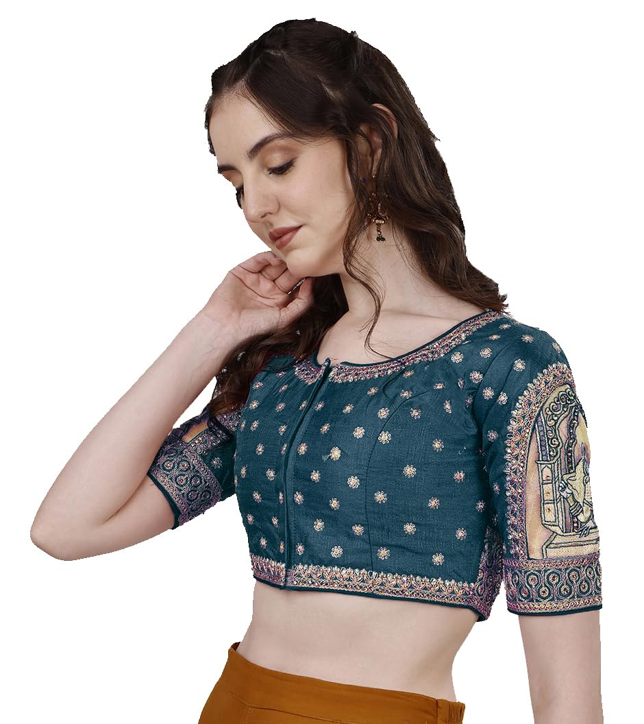 Vihu Fashion Womens Heavy Embroidery Coding with Sequins and Diamond Work Half Sleeves Fancy Cutwork Readymade Saree Blouse.(Pa