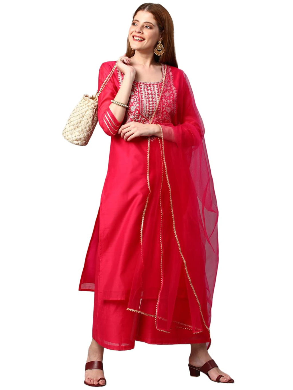 ANNI DESIGNER Womens Cotton Blend Solid Straight Kurta with Palazzos & Dupatta (DHARAN-Pink_M_Pink_Medium)