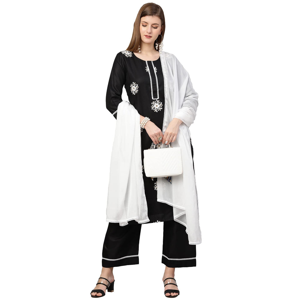 ANNI DESIGNER Women's Cotton Blend Straight Kurta with Palazzo & Dupatta (Saadgi Black_L_Black_Large)