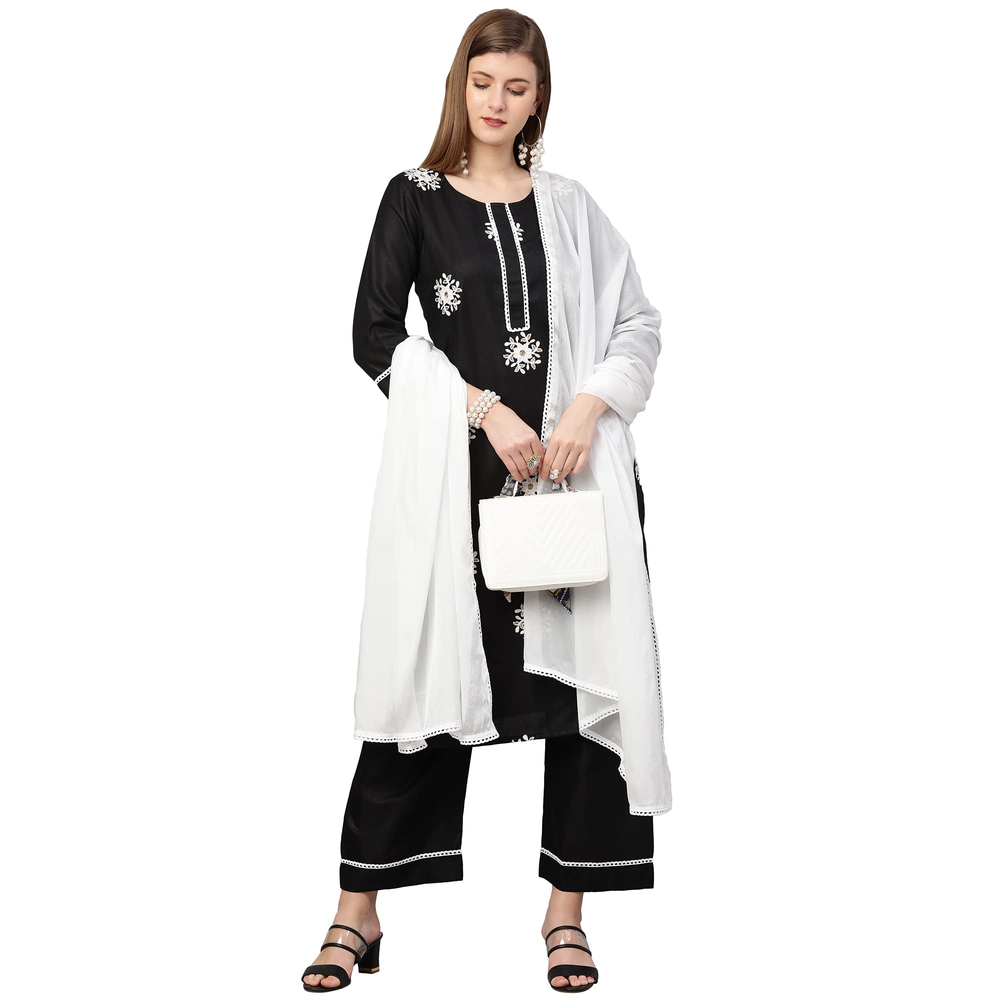 ANNI DESIGNER Women's Cotton Blend Straight Kurta with Palazzo & Dupatta (Saadgi Black_L_Black_Large)