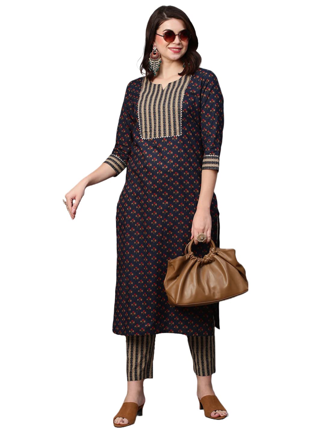 ANNI DESIGNER Women's Cotton Blend Traditional Straight Printed Kurta with Pant Set (Satku Blue-FBF001_S_Blue_Small)